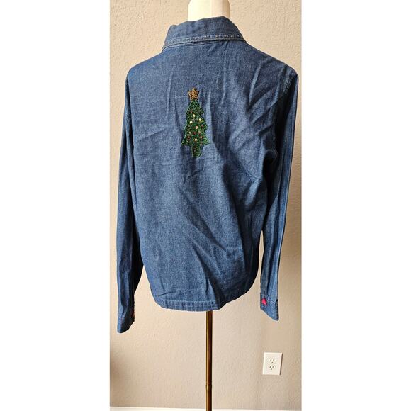Vintage Carrie Allen Denim Embellished Christmas Tree Button Shirt Top Small - Picture 4 of 7